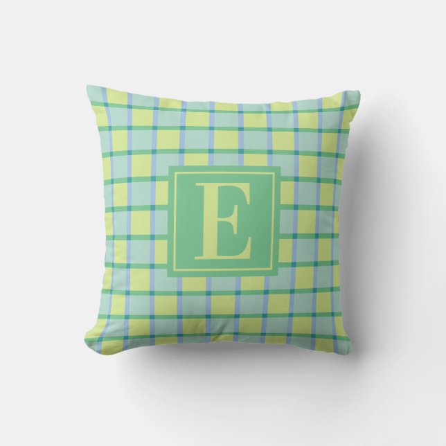 Modern Checker Blue Green Lime Monogram Kissen (Vorderseite)