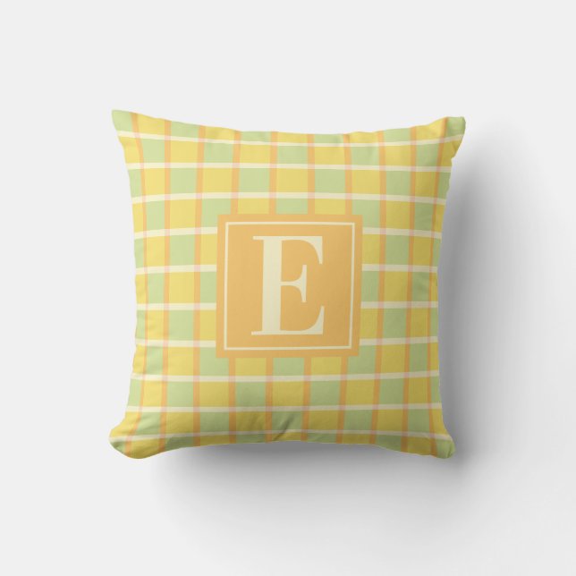 Modern Checker Green Yellow Orange Monogram Kissen (Vorderseite)