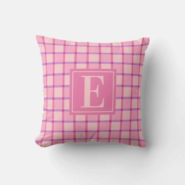 Modern Checker Pink Purple Monogram Kissen (Vorderseite)