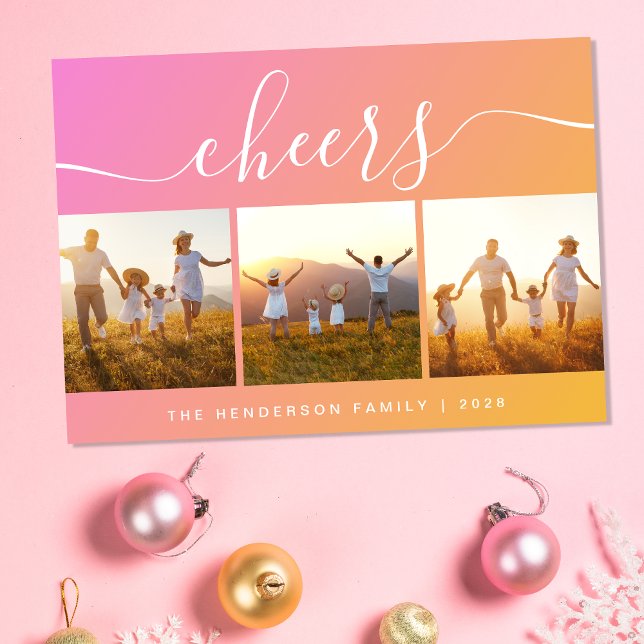 Modern Cheers Foto Pink Feiertagskarte (This holiday season, let your family's smiles and heartwarming memories shine on our 3 photo card)