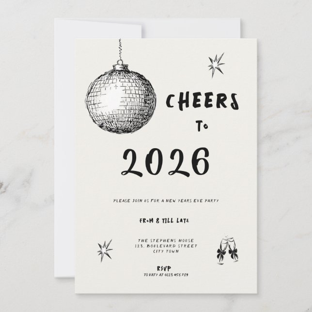 Modern Cheers to New Year 2026 Bold Typo Einladung (Vorderseite)