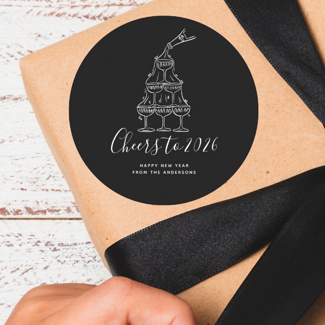 Modern Cheers to the New Year Black Hand Drawn Runder Aufkleber (Von Creator hochgeladen)