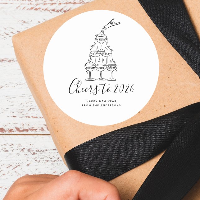 Modern Cheers to the New Year White Hand Drawn Runder Aufkleber (Von Creator hochgeladen)