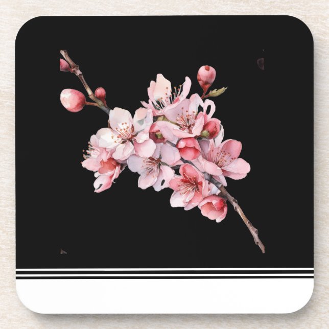 Modern Cherry Blossom Black Hard Kunststoff Unters Getränkeuntersetzer (Vorderseite)