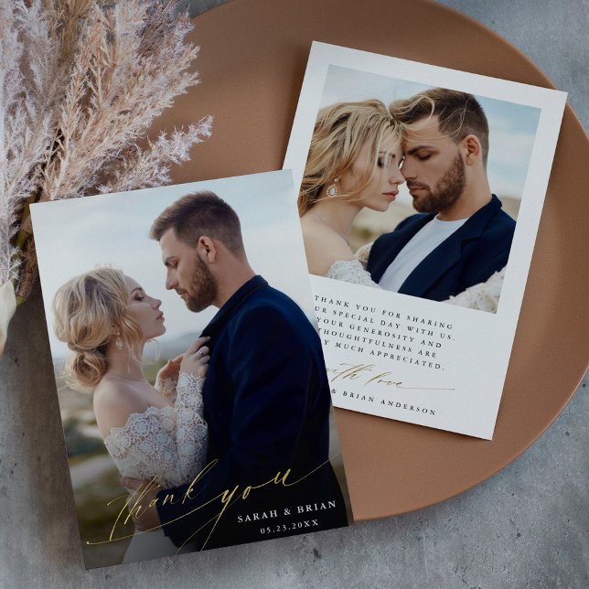 Modern Chic 2 Foto Gold Foil Danke Karte (Front & Back)