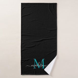 Modern Chic Black Aquamarin Green Monogram Script  Badehandtuch