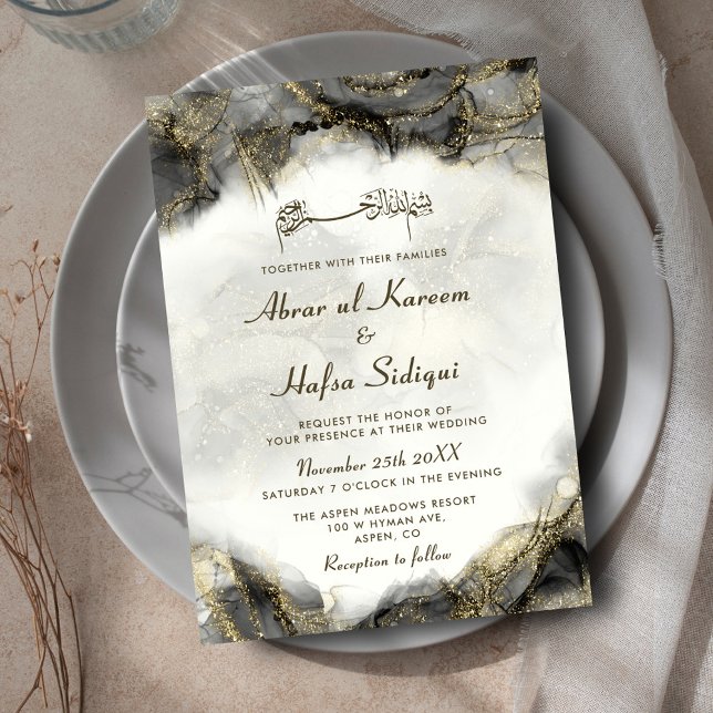 Modern Chic Black Inked Islamic Wedding Monogram Einladung (Von Creator hochgeladen)
