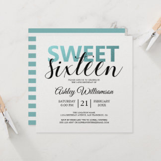 Modern Chic Blue White Stripes Pink Sweet 16 Einladung