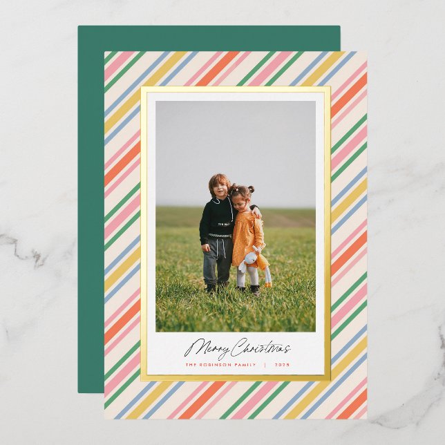 Modern Chic Colorful Stripes Christmas Foil Card Folieneinladung (Vorderseite/Rückseite)
