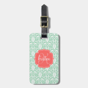 Modern Chic Coral & Mint Green Damask Personalisie Gepäckanhänger
