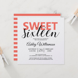Modern Chic Coral White Stripes Sweet 16 Einladung