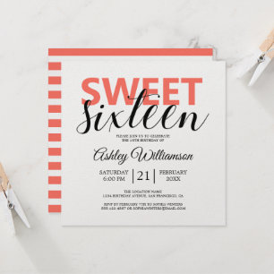 Modern Chic Coral White Stripes Sweet 16 Einladung