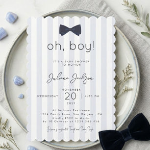 Modern Chic Dusty Blue Oh Boy Schleife Baby Shower Einladung