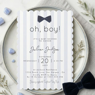 Modern Chic Dusty Blue Oh Boy Schleife Baby Shower Einladung