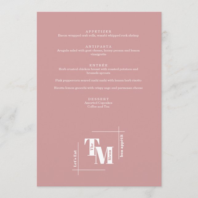 Modern Chic Dusty Pink Minimal Wedding Vielen Dank Menükarte (Vorderseite)