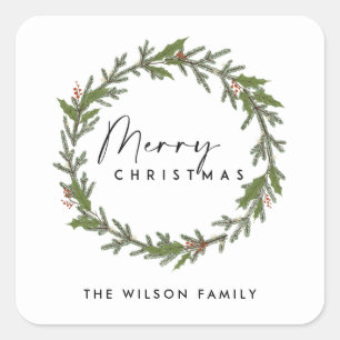 MODERN CHIC ELEGANT HOLLY BERRY WREATH CHRISTMAS QUADRATISCHER AUFKLEBER