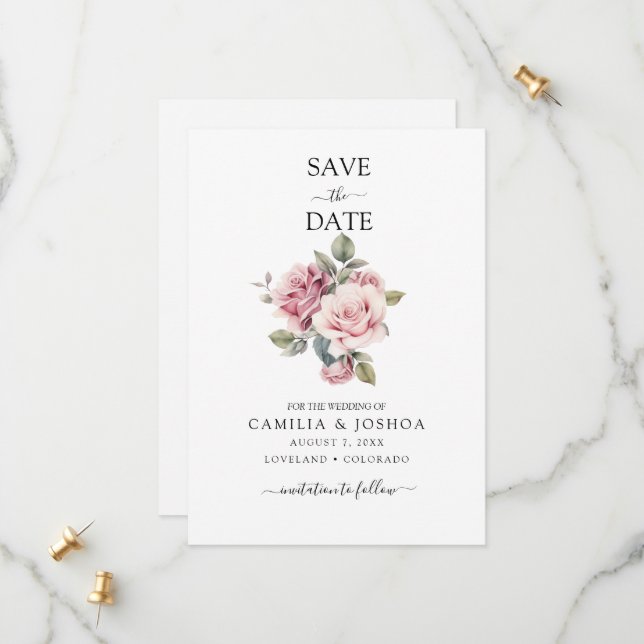 Modern Chic Elegant Romantic Pink Rose Wedding Save The Date (Vorderseite/Rückseite Beispiel)