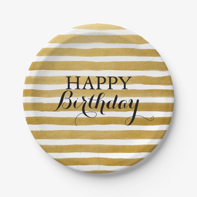 Modern Chic Gold Stripe Happy Geburtstag Party Pappteller (Vorderseite)