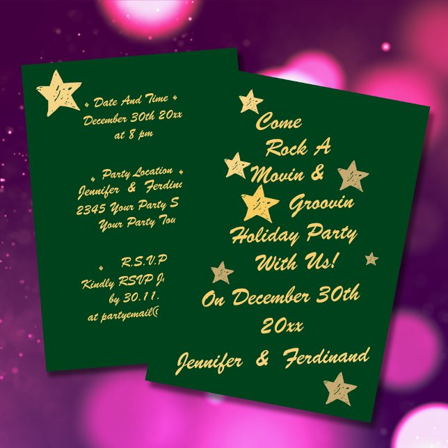 Modern Chic Green and Gold Stars Groovy Holiday Einladung (Modern chic gold script on green background with gold stars groovy holiday party invitation.)