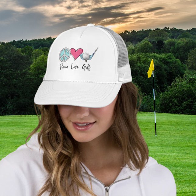 Modern Chic Mama Peace Liebe Golfer Truckerkappe (Modern Chic Mom Peace Love Golf Woman Golfer Trucker Hat)