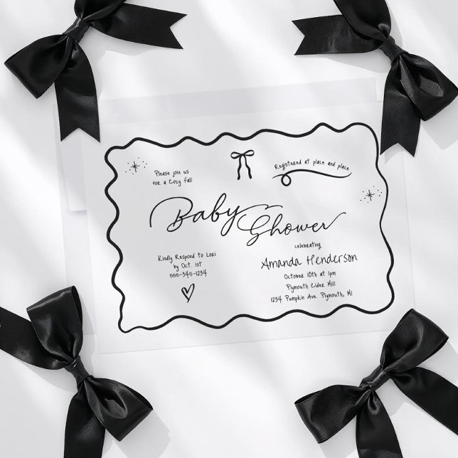 Modern Chic Minimalist Black White Bow Baby Shower Einladung (Black and White Chic Baby shower invitation with bow doodle design. )