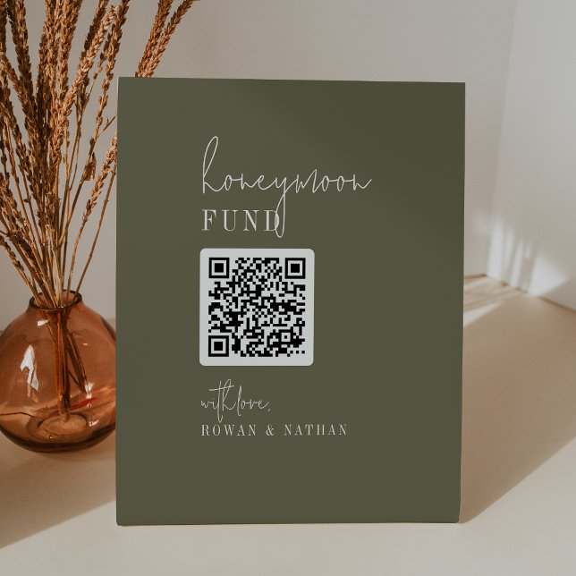 Modern Chic Olive Green QR Code Honeymoon Fund Sockelschild (Von Creator hochgeladen)