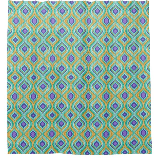 Modern Chic Peacock Feather Ikat Pattern Dusche Duschvorhang (Vorderseite)
