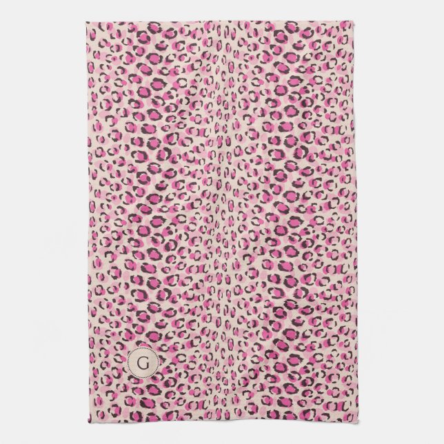 Modern chic pink cheetah print pattern monogramm geschirrtuch (Vertikal)