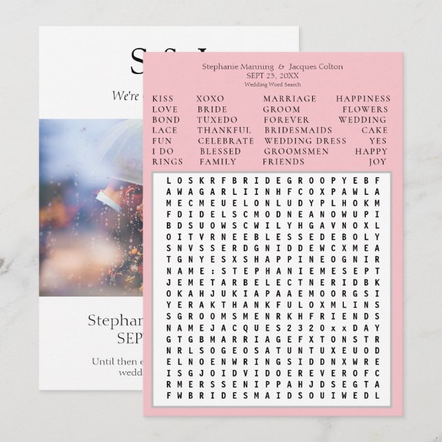 Modern Chic Pink Hochzeit Word Search Rett Date Einladung (Vorne/Hinten)