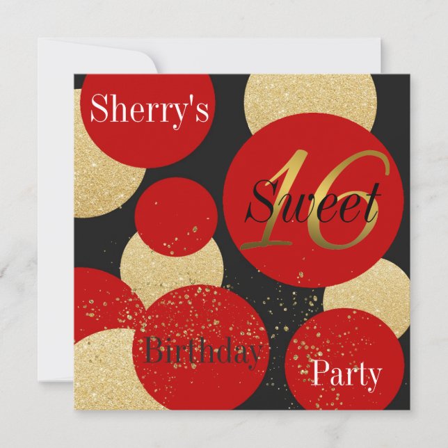 Modern Chic Red Glitzer Gold Sweet 16 Einladung (Vorderseite)