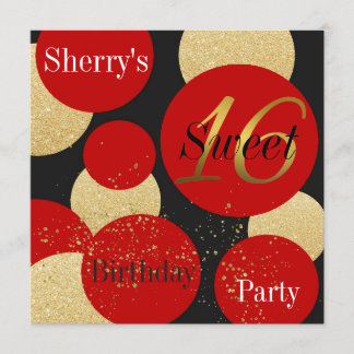 Modern Chic Red Glitzer Gold Sweet 16 Einladung