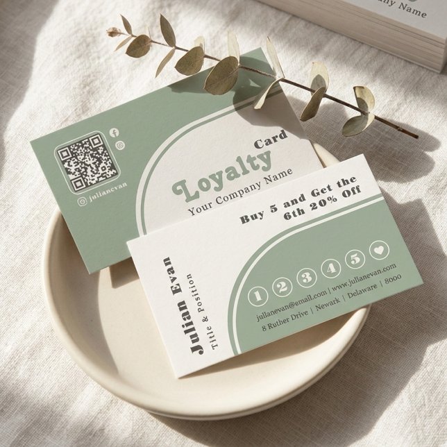 Modern Chic Retro Groovy Sage Green Loyalty Card Visitenkarte (Modern Chic Retro Sage Green Loyalty Card)
