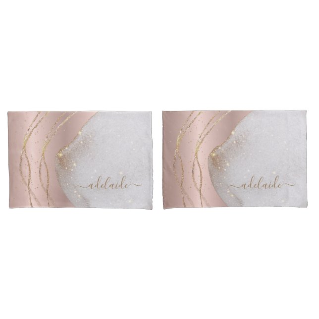 Modern Chic Rose Gold Glitzer Script Monogram Name Kissenbezug (Vorderseite-Set)