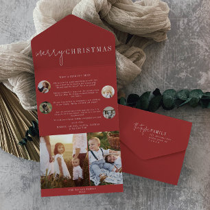 Modern Chic Rotes Frohes Weihnachten Multi-Foto All In One Einladung