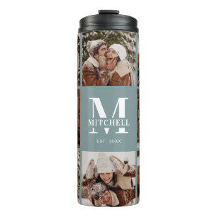 Modern Chic Sage Green Mit Monogramm & Foto Collag Thermosbecher