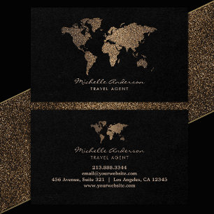 Modern Chic Travel Agent World Map Gold Glitzer Visitenkarte