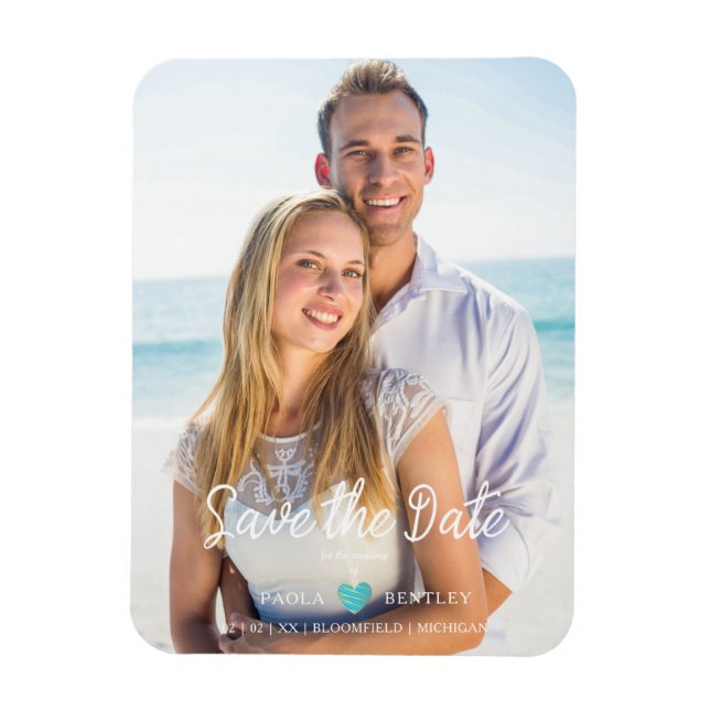 Modern Chic Turquoise Heart Foto von Paar Save Dat Magnet (Vertikal)