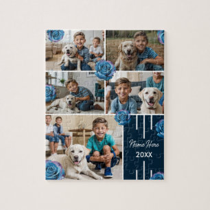 Modern Chic Watercolor Blau Rose Foto Haustiere Puzzle