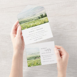 Modern Chic Watercolor Vineyard Landscape Wedding All In One Einladung