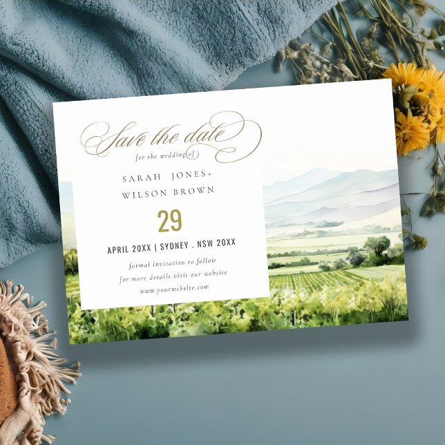 Modern Chic Watercolor Vineyard Landscape Wedding Save The Date (Von Creator hochgeladen)
