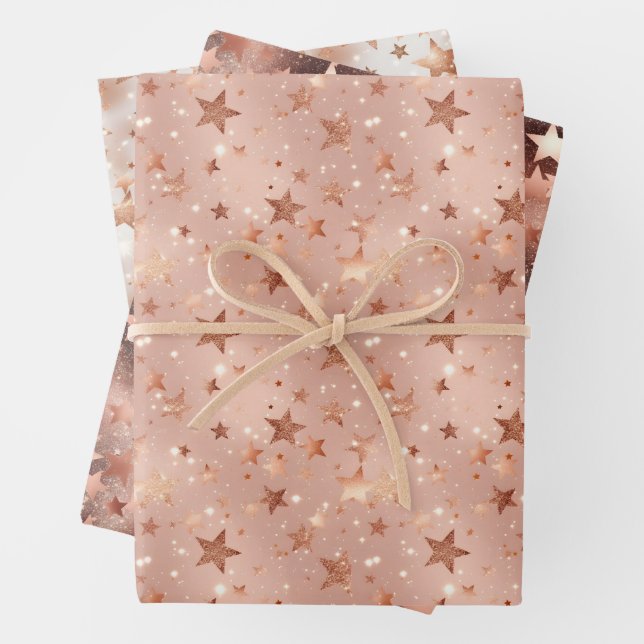 Modern Chic Weihnachten Rose Gold & Pink Stars Geschenkpapier Set (Beispiel)