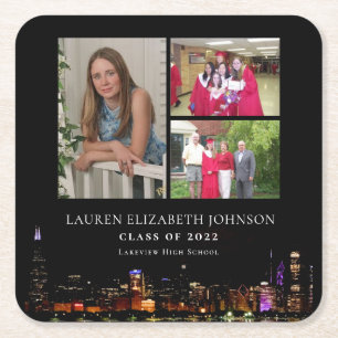 Modern Chicago Skyline 3 Foto Collage Abschluss Rechteckiger Pappuntersetzer