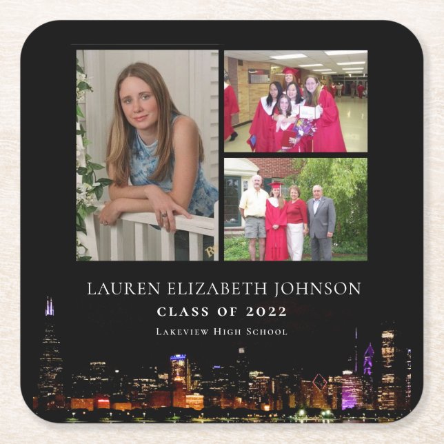 Modern Chicago Skyline 3 Foto Collage Abschluss Rechteckiger Pappuntersetzer (Vorderseite)