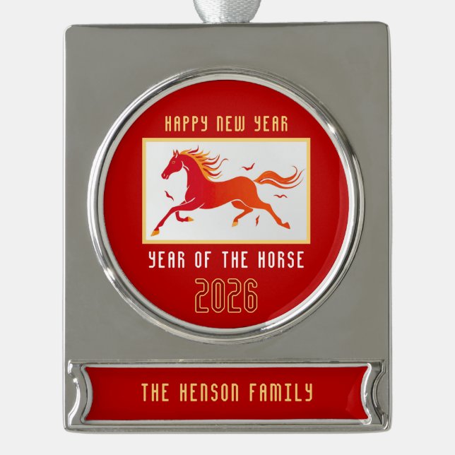 Modern Chinese Horse New Year 2026  Banner-Ornament Silber (Vorderseite)