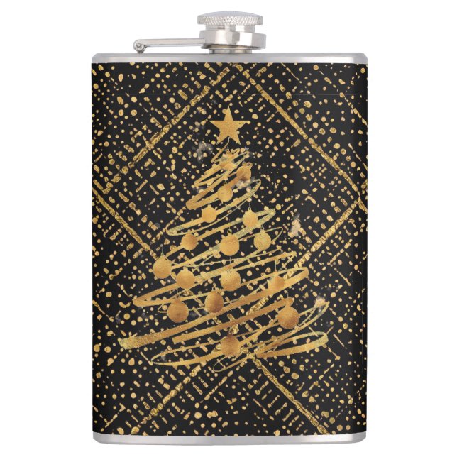 Modern, Chrismas Tree, Black Gold Cross Pattern  Flachmann (Vorderseite)