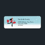 Modern Christmas Address Label<br><div class="desc">Label mit einer niedlichen Abbildung eines Mädchens in Rot und Schwarz mit Weihnachtsmütze,  die ihre Einkaufstaschen hält,  und im Hintergrund eine Gradation von Blau- und Schneeflocken,  die vom Himmel fallen.</div>