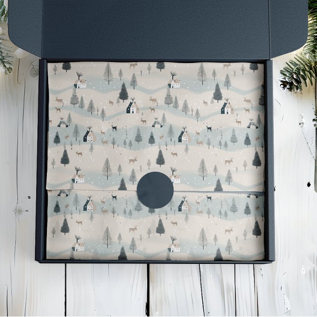 Modern Christmas Blue und Tan Snowy Village Seidenpapier (Von Creator hochgeladen)