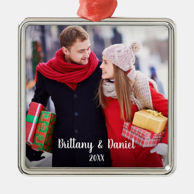 Modern Christmas Couple Foto Ornament S Aus Metall (Vorne)