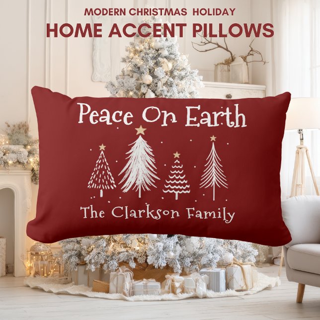 Modern Christmas - Family Name - Peace On Earth  Lendenkissen (Modern Christmas Holiday - Family Name - Peace On Earth Lumbar Pillow)