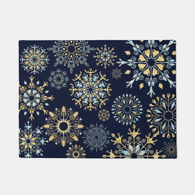 Modern Christmas Gold Blue Aquarell Snowflake Fußmatte (Vorderseite)